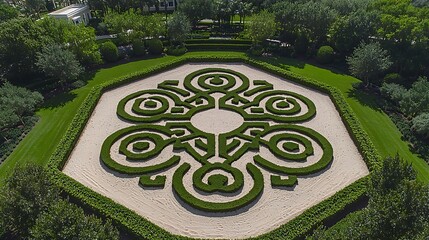 Aerial view of ornate hedge maze garden.