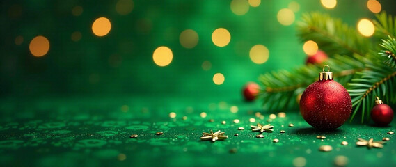 Generate an AI photo for a Green Christmas festival background with a geometric style for an A4 vertical design.  Focus on depth and a festive mood.  Use vibrant lighting to create a magical atmospher