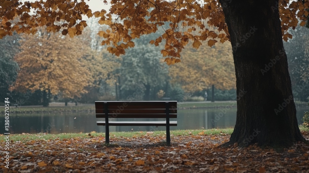 Poster Solitary bench under a tree surrounded by autumn leaves in a serene park setting with soft light Generative AI