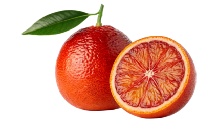 Single fresh whole blood red orange with an attached green stem and leaf, alongside a halved slice of the same fruit isolated on white background. Suitable for marketing or business purposes. PNG file