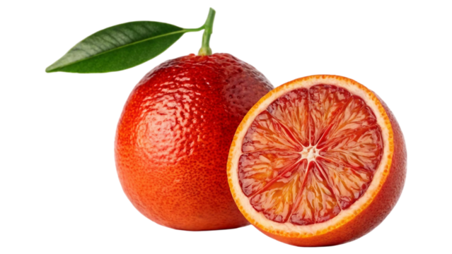 Single fresh whole blood red orange with an attached green stem and leaf, alongside a halved slice of the same fruit isolated on white background. Suitable for marketing or business purposes. PNG file