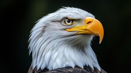 Fototapeta premium A majestic bald eagle's head, exquisitely feathered in white, gazes right while subtly tilting left, capturing an elegant expression