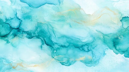 Naklejka premium 19.Pastel cyan mint liquid marble watercolor background with gold lines and brush stains. Teal turquoise marbled alcohol ink drawing effect. Vector illustration backdrop, watercolor wedding invitation