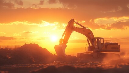Excavator working at construction site during sunset