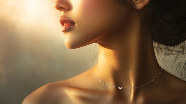 28.An elegant side view of a Japanese bride wearing a minimalist silver necklace, her skin glowing under soft lighting, with a blurred traditional background adding depth.