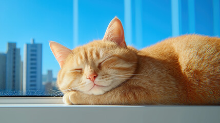 Content orange cat peacefully sleeping on sunny windowsill with cityscape in background. bright blue sky enhances serene atmosphere
