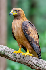 Fototapeta premium Majestic golden eagle perched on tree branch, showcasing its sharp talons and keen gaze, set against blurred green forest background