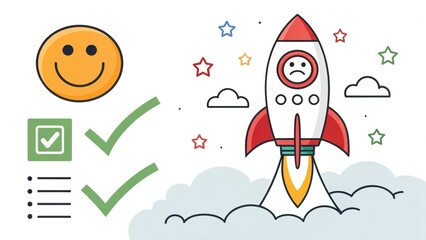 Smile face icon inside rocket missile rising from sad face icon for customer excellent experience evaluation feedback and survey concept,space rocket vector illustration
