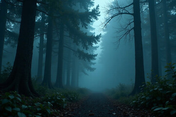 Obraz premium Generate a photorealistic AI image of a dark forest shrouded in thick fog. Focus on depth, mood, and a sense of mystery. Use dramatic lighting and an atmospheric perspective to evoke a sense of isol