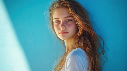 Cheerful long-haired girl exudes joy, vibrant energy radiates in a creative moment.
