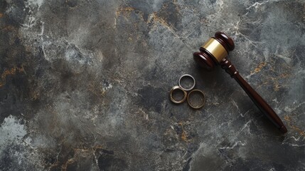 91.Law theme. Judge gavel wedding rings on concrete stone grey background. Divorce proceedings. Mallet of judge deciding on marriage divorce, marital