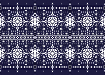geometric and floral ethnic fabric seamless pattern, white and blue color, design for cloth, carpet, batik, wallpaper, wrapping etc.