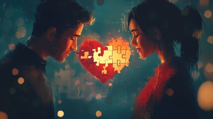 111.A soft-focus close-up of two puzzle pieces being joined by a man and a woman, with the completed image of a heart glowing in the center.