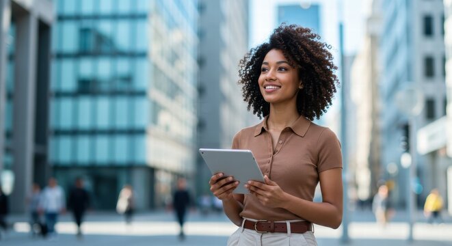 Happy confident young African American professional woman, student, entrepreneur, businesswoman looking away holding tab standing on business city street dreaming of future career. Copy space.