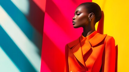 Vivid Elegance: A stylish person poses against a vibrant backdrop of dynamic colors. The composition is a celebration of fashion and individuality, enhanced by the interplay of light and shadow.