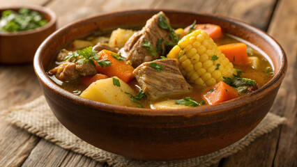 hearty bowl of sancocho with meat, corn, and vegetables, garnished with herbs. Perfect for comforting meal
