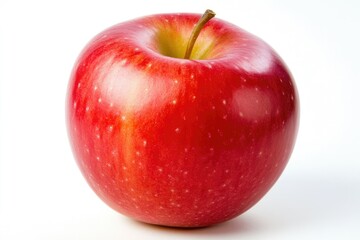 A single, ripe red apple sits on a white background, showcasing its vibrant color and smooth skin.