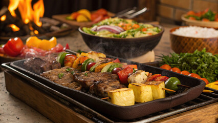 Grilled meats and vegetables on sizzling platter, surrounded by fresh salads and vibrant sides, create delightful dining experience