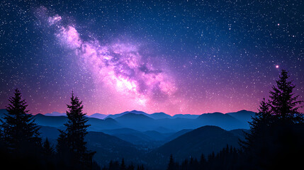 The image depicts a stunning view of the milky way above a mountainous region at night.