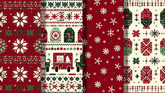 Generate AI photo for a Christmas knit print seamless pattern set featuring red knitted sweater textures, Fair Isle patterns, traditional geometric backgrounds, holiday winter ornaments, festive croch