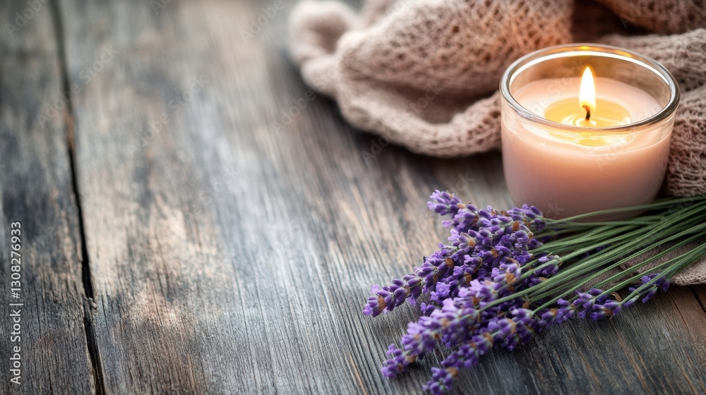 Poster cozy still life with lavender sprig and lit candle on textured wooden surface in warm inviting tones