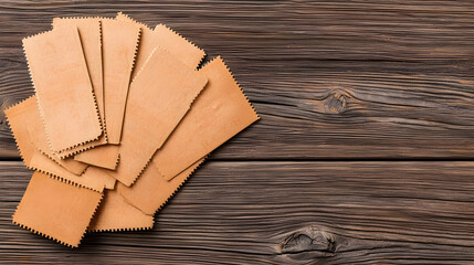 Fototapeta premium Assorted Brown Leather Patches on Rustic Wooden Surface