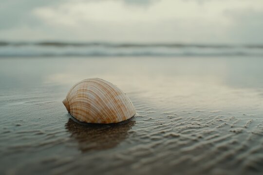 A seashell rests on a tranquil beach, reflecting the serene coastal atmosphere.