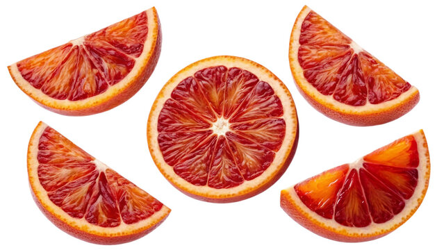 Five fresh blood red orange slices appearing to float or fall gracefully in mid-air isolated on white background. Suitable for marketing or business purposes. PNG file