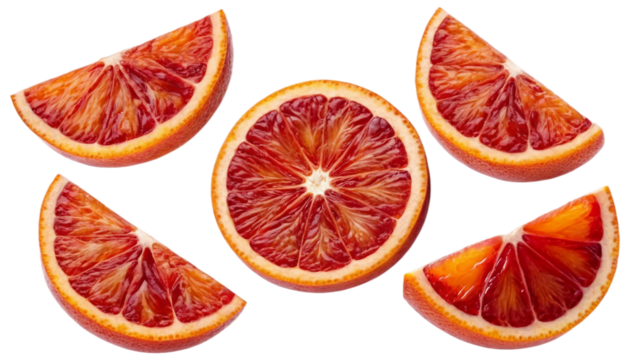 Five fresh blood red orange slices appearing to float or fall gracefully in mid-air isolated on white background. Suitable for marketing or business purposes. PNG file