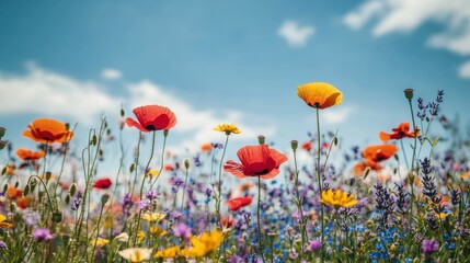 Obraz premium Colorful wildflowers in meadow, sunny day, blue sky. Use nature background, desktop wallpaper