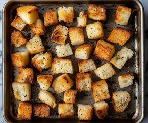 Golden crispy bread cubes toasted perfectly for salads or soups ideal for appetizers and garnishes : Generative AI