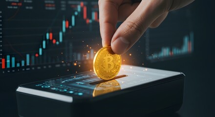 Hand Holding Bitcoin Coin Over Smartphone Display with Financial Chart in Background