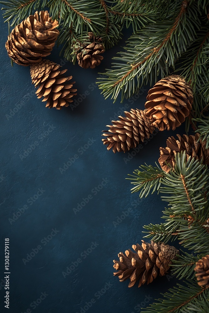 Poster Scenic arrangement of pine cones and branches on dark background creating a cozy winter atmosphere : Generative AI