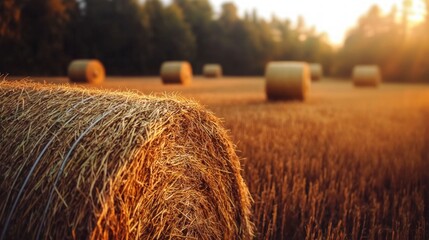Golden Hay Bales at Sunset  Rural Landscape Photography