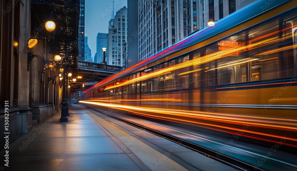 Poster Fast Moving City Tram with Light Trails in a Urban Setting at Dusk for Transportation Themes : Generative AI