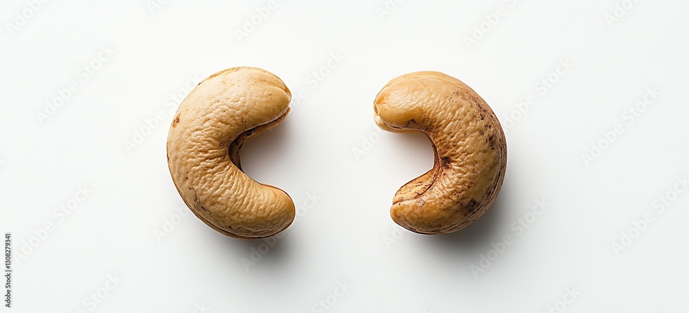 Poster two raw cashew nuts isolated on a white background : generative ai
