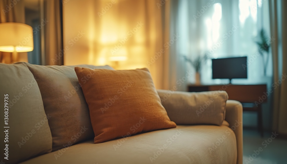 Poster Cozy living room with soft cushions on a light sofa in an inviting setting for relaxation and comfort : Generative AI