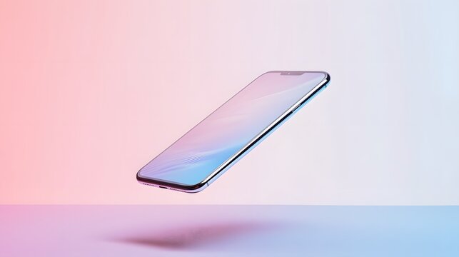 Sleek Smartphone Design: A modern smartphone levitates gracefully, displaying a pristine screen against a gradient backdrop, emphasizing innovation and technology.  - Powered by Adobe