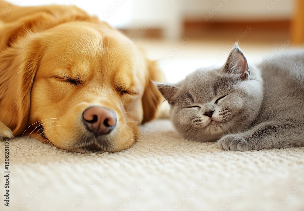 Poster charming golden retriever and playful gray kitten snuggling and napping on a cozy rug : generative a