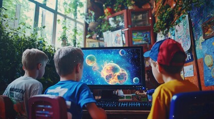 Obraz premium Kids Exploring Space on Computer Bright Room Galaxy Planets Children Technology Educ