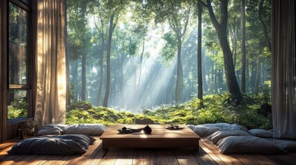 Tranquil forest view from zen room