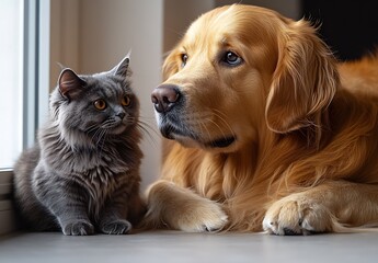 Golden Retriever and Grey Cat Bonding by the Window for Heartwarming Pet Portrait : Generative AI