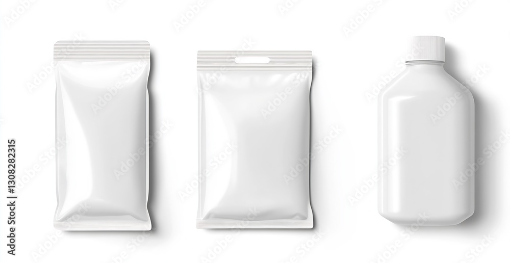 Poster Various white packaging options including pouches and bottles ready for product display in a bright clean layout : Generative AI