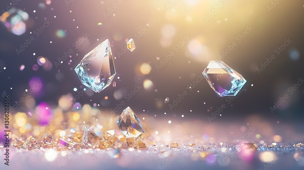 Poster floating faceted gems with vibrant bokeh lights create a luminous display