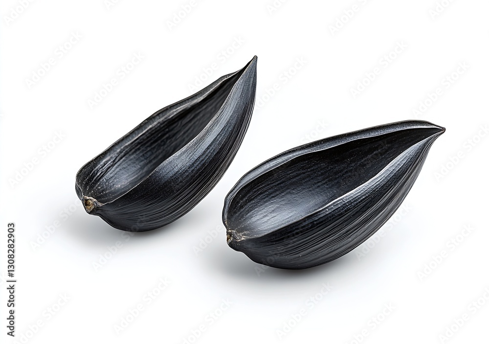 Aufkleber two polished black seed pods with polished surface texture on white background showcasing natural de