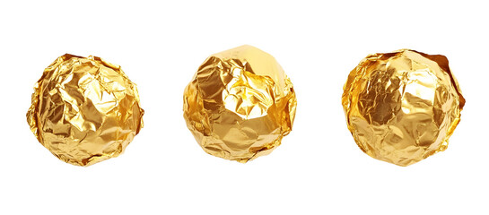 Three gold-wrapped chocolate truffles. Isolated Png Background.