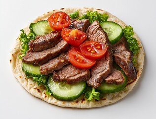 Savory Grilled Steak with Fresh Salad and Tomato on a Soft Flatbread : Generative AI