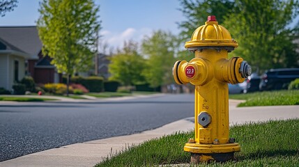 Fototapeta premium Yellow Fire Hydrant Standing on Grassy Curb Along Suburban Street