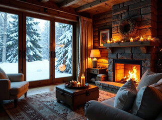 Generate an AI photo of a winter retreat room, adorned with cozy furnishings, soft blankets, and glowing firelight.  The room should evoke inviting warmth and comfort, with a snowy serenity visible ou