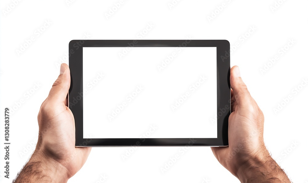 Poster two hands holding a blank tablet on white background for technology and digital content use : genera